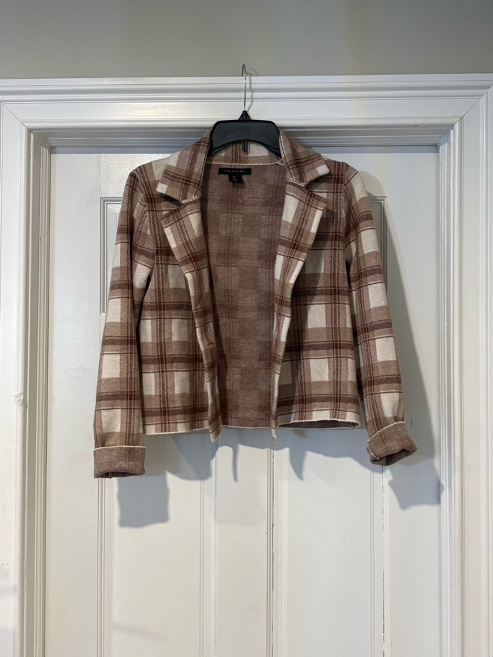 Tahari Brown and Cream Plaid Jacket